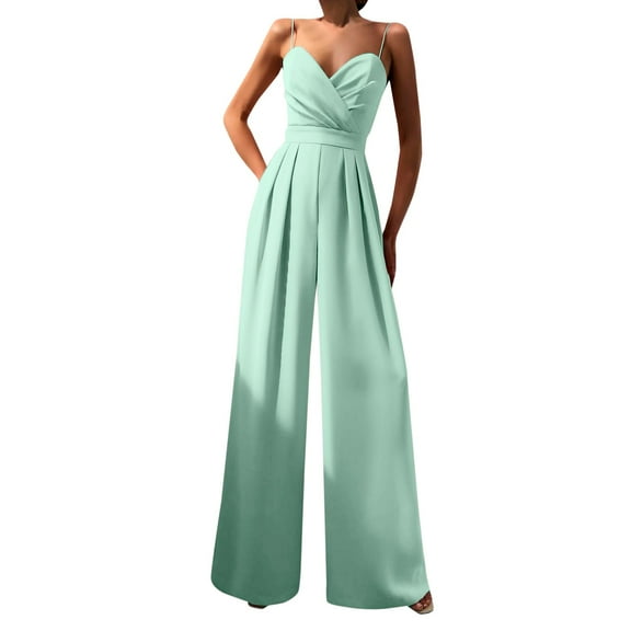Womens Jumpsuit Elegant Solid V Neck Strappy Jumpsuit Floor Length Wide Leg Palazzo Style Evening Wear Womens Jumpsuits Dressy Mint Green M