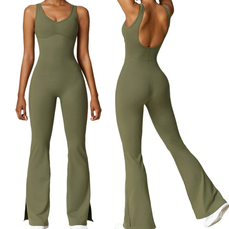 【INCHANT ME】Bell sleeveless flare long one-piece Womens Flare Workout Jumpsuits One Piece Sleeveless Wide Leg