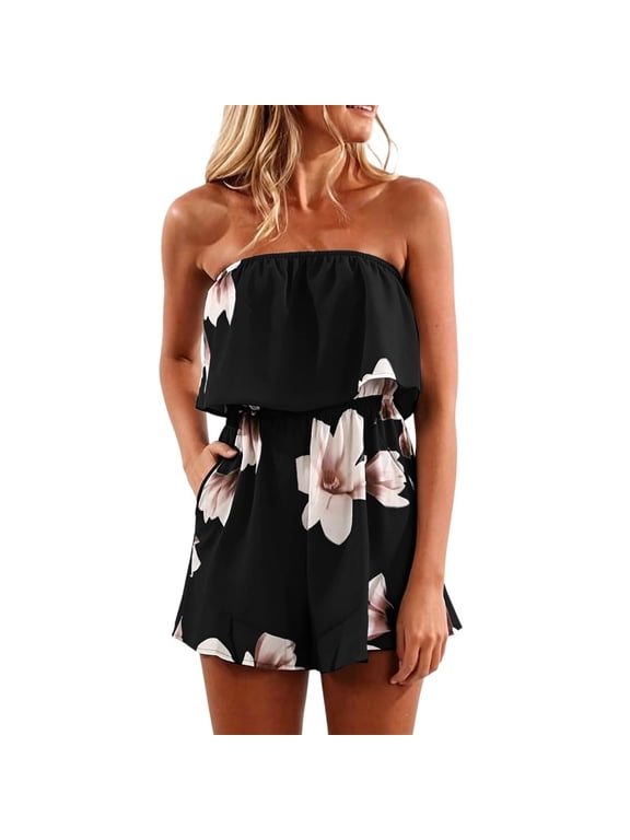 Womens Jumpsuit Off Shoulder Strapless Sleeveless Tube Top Dress Floral Romper Summer Beach Coverup Flowy Beach Coverups Holiday with Pockets