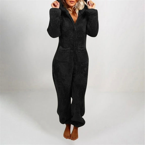 Womens Jumpsuit Pajamas Casual Winter Warm Rompe Sleepwear Loose Long Sleeve One Piece Outfits Hooded Pajamas Black M