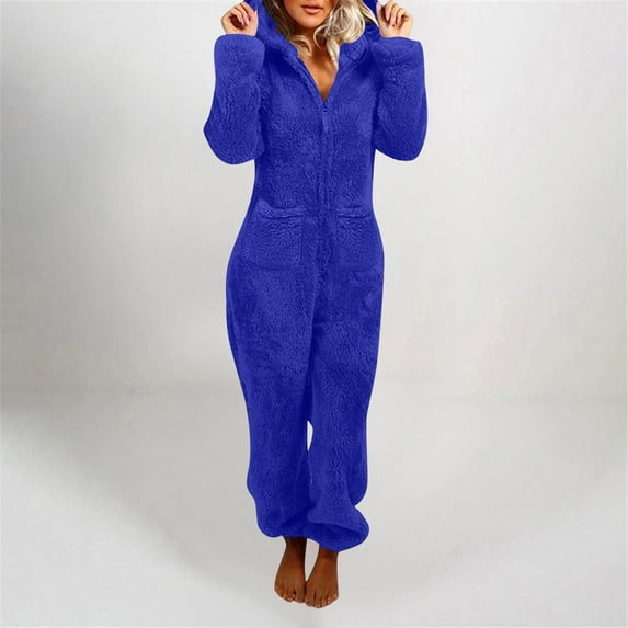 Womens Jumpsuit Pajamas Casual Winter Warm Rompe Sleepwear Loose Long Sleeve One Piece Outfits Hooded Pajamas Blue L