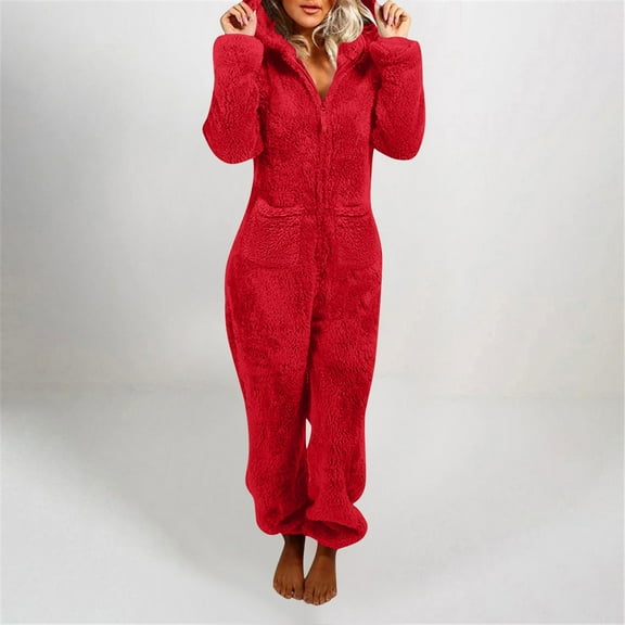 Womens Jumpsuit Pajamas Casual Winter Warm Rompe Sleepwear Loose Long Sleeve One Piece Outfits Hooded Pajamas Red XL