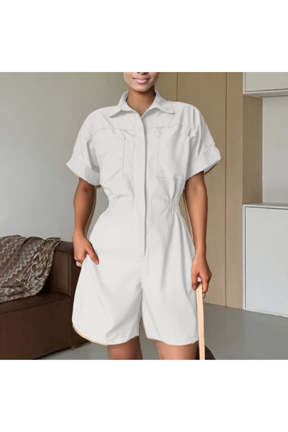 Womens Jumpsuit Short Sleeve Wide Leg Shorts Rompers With Elastic Waist Summer Jumpsuits Drawstring Button Jumpsuits for Women with Skirt Overlay Jumpsuits in Womens plus Size Flare Pants Jumpsuit for