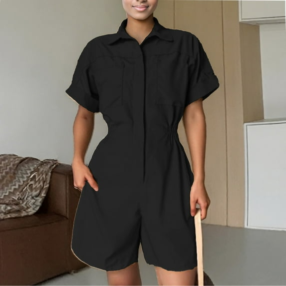 Womens Jumpsuit Short Sleeve Wide Leg Shorts Rompers With Elastic Waist Summer Jumpsuits Drawstring Button Jumpsuits for Women with Skirt Overlay Jumpsuits in Womens plus Size Flare Pants Jumpsuit for