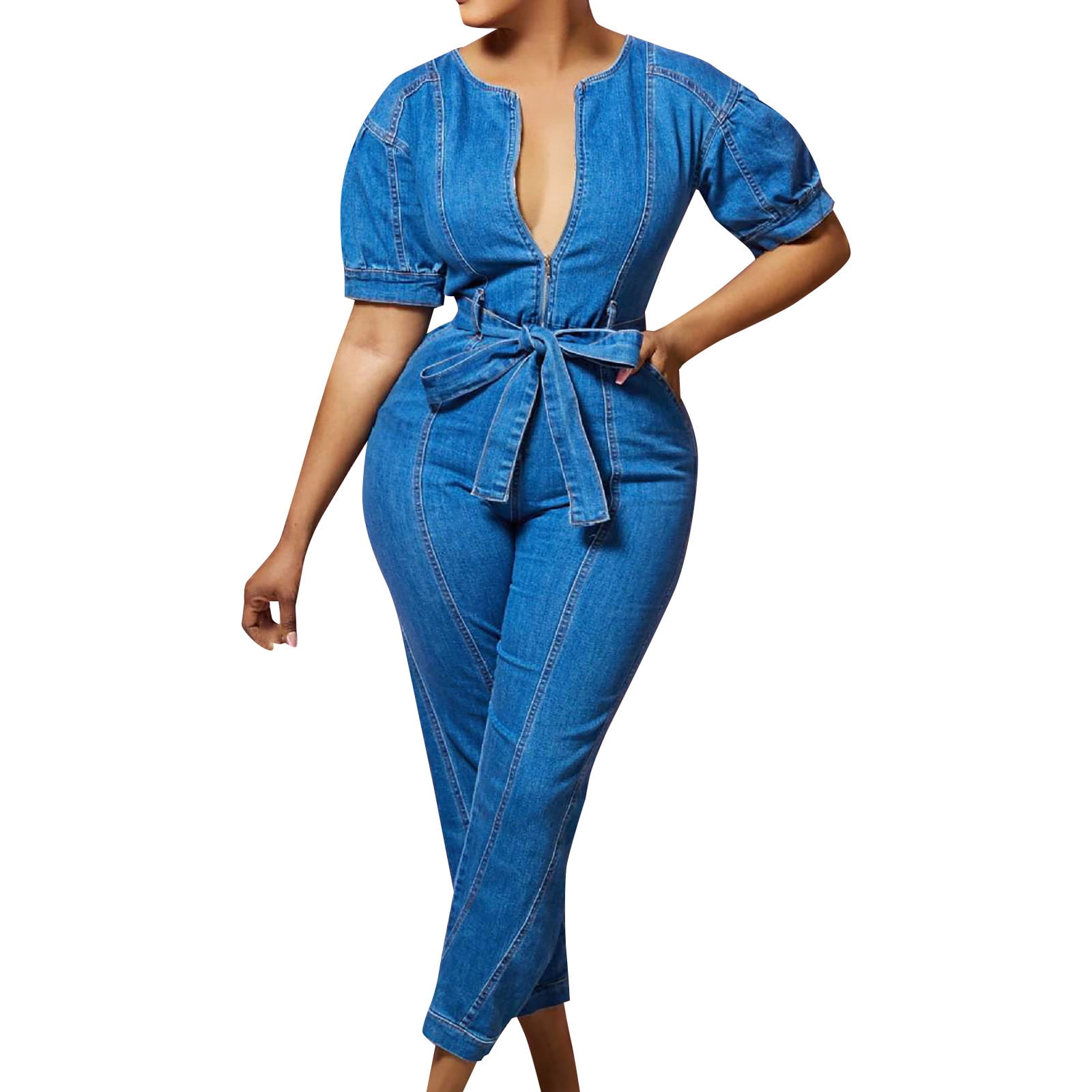 Womens Jumpsuit Slim Denim Long Deep V Neck Denim Puff Sleeves Belted