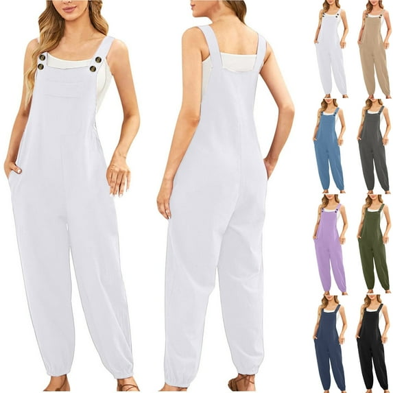 Womens' Jumpsuit with Tummy Control Fashion Fashion and Casual Cold Shoulder Jumpsuit Solid Button Suspender Jumpsuits Wide Pocket Leg Pant Gift for Women Up to 65% off
