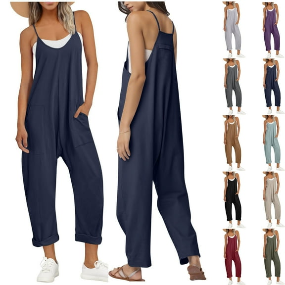 Womens' Jumpsuit with Tummy Control Fashion Fashion and Casual Cold Shoulder Jumpsuit Solid Suspender Jumpsuits Wide Pocket Leg Pant Gift for Women Up to 65% off