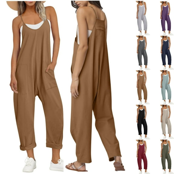 Womens' Jumpsuit with Tummy Control Fashion Fashion and Casual Cold Shoulder Jumpsuit Solid Suspender Jumpsuits Wide Pocket Leg Pant Gift for Women Up to 65% off
