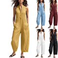 thumbnail image 1 of Womens Jumpsuit Wide Leg Casual Sleeveless V Neck Half Button Linen Jumpsuits Loose Rompers Jumpers Summer Vacation Outfit Yellow L, 1 of 5