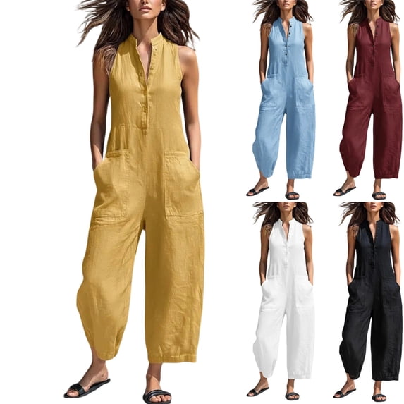 Womens Jumpsuit Wide Leg Casual Sleeveless V Neck Half Button Linen Jumpsuits Loose Rompers Jumpers Summer Vacation Outfit Yellow L