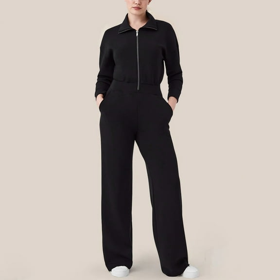 Womens Jumpsuit Womens Casual Long Sleeve Zipper Turn-down Collar Bodycon Solid Wide Legging Jumpsuit Rompers With Pocket Jumpsuits for Women Casual Comfortable Pants for Women Casual
