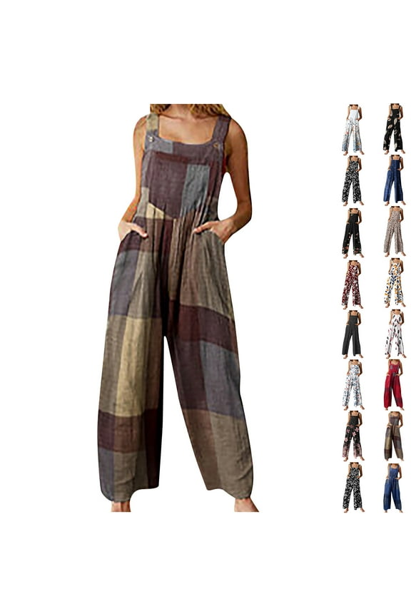 Ausyst Jumpsuits for Women Dressy Casual Womens Fashion Ethnic Style Patchwork Vintage Printed Buttons Suspender Jumpsuit