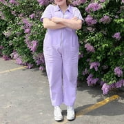 BSYOUFIER Womens Jumpsuits Casual Dressy 2024 Long Solid Pocket Short Sleeve Straight Elastic Zipper Jumpsuit Purple XXL