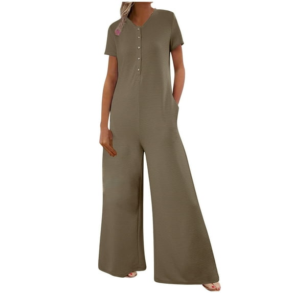 Womens Jumpsuits Casual Dressy Women Striped Jumpsuits Loose Casual Short Sleeve Button Front Wide Leg Long Pant Romper with Pockets Dressy Romper for Women Brown M
