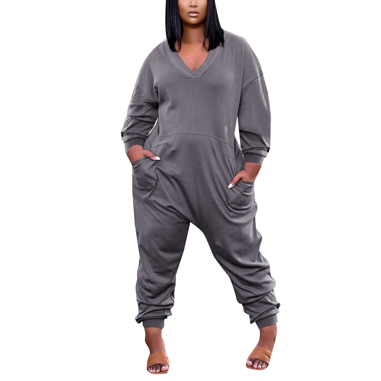 Womens Jumpsuits Casual Loose Long Sleeve V Neck Oversized Pajamas Onesie Jumper Rompers for Women Walmart