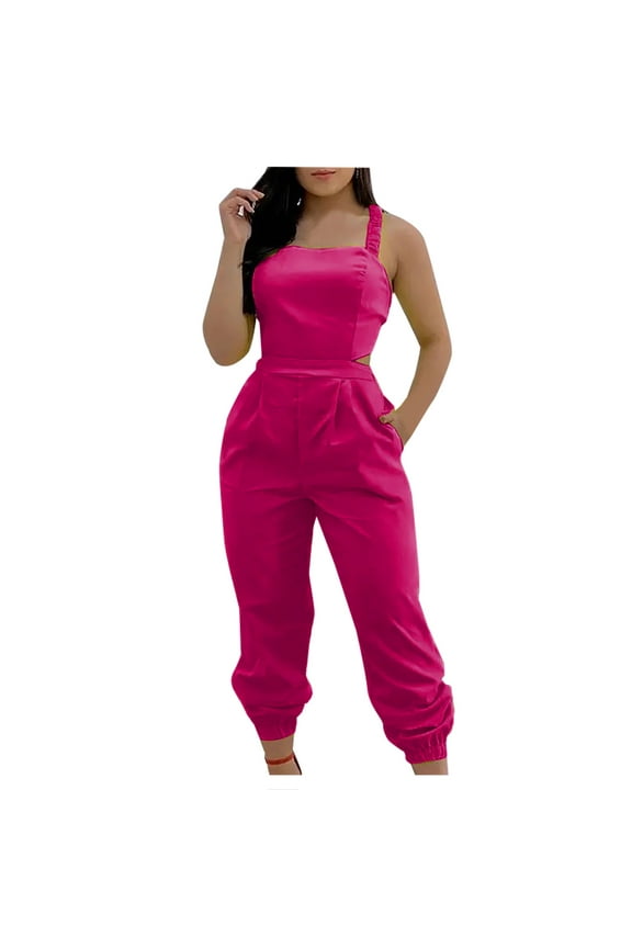 Summer Jumpsuit for Women Formal Sleeveless with Pockets Casual Backless Suspenders Rompers, 1 Pieces Overall