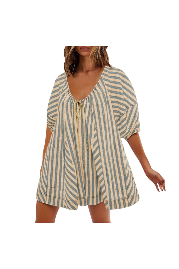 Womens Jumpsuits Casual Striped Loose Fit Short Rompers Lightweight V Neck Drawstring Overalls with Pockets