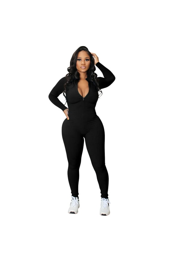 Womens Jumpsuits Zipper V Neck Long Sleeve Bodysuit Catsuit Sport Jumpers for Women