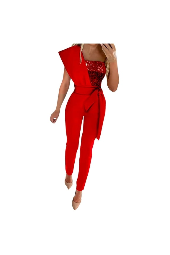 Womens Jumpsuits Dressy Fashion Sequin Sleeveless Rompers One Piece Jumpsuit with Belt Clothing for Womens Red XXL