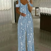 BSYOUFIER Womens Jumpsuits Dressy Summer 2024 Casual Elastic Retro Jumpsuit Light Blue S