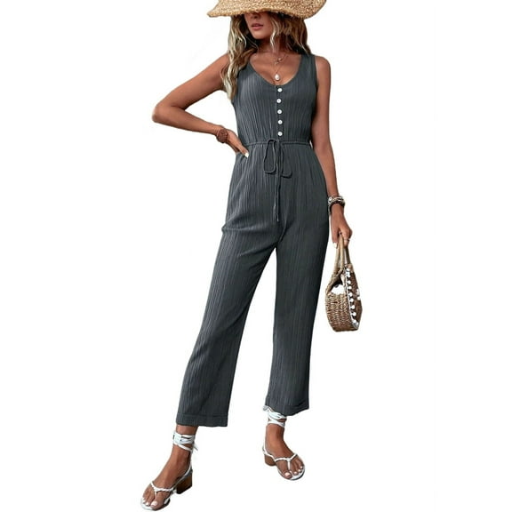 Womens Jumpsuits Dressy Summer Sleeveless U-Neck Casual Wide Leg Long Pants Rompers 2025 Dark Gray L