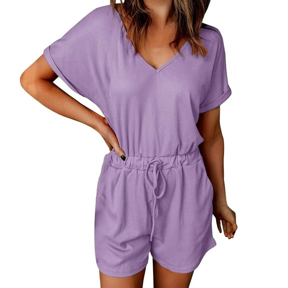 Womens Jumpsuits Dressy Summer V Neck Loose Short Sleeve Elastic Waist Outfits With Pockets Summer Rompers For Women 2023