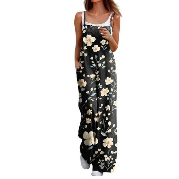 Women's Summer Jumpsuits Wide Leg Floral Print Overalls Summer Comfy Casual Spaghetti Strap Sleeveless Rompers Beach Vacation Outfits