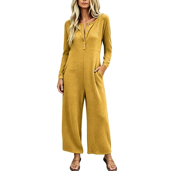 Womens Jumpsuits Knit Button Long Sleeve Jumpsuit Waffle Casual Round Neck Wide Leg Romper With Pockets Fall Winter Daily Wear