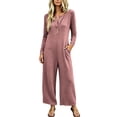 thumbnail image 1 of Womens Jumpsuits Knit Button Long Sleeve Jumpsuit Waffle Casual Round Neck Wide Leg Romper With Pockets Fall Winter Daily Wear, 1 of 7
