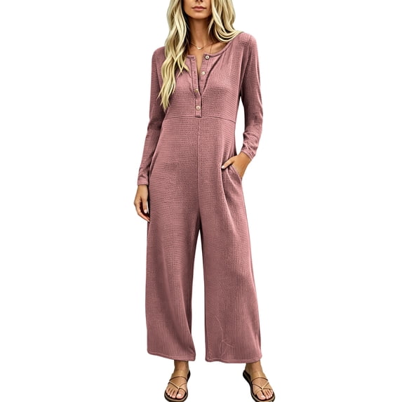 Womens Jumpsuits Knit Button Long Sleeve Jumpsuit Waffle Casual Round Neck Wide Leg Romper With Pockets Fall Winter Daily Wear