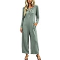 thumbnail image 1 of Womens Jumpsuits Knit Button Long Sleeve Jumpsuit Waffle Casual Round Neck Wide Leg Romper With Pockets Fall Winter Daily Wear, 1 of 7