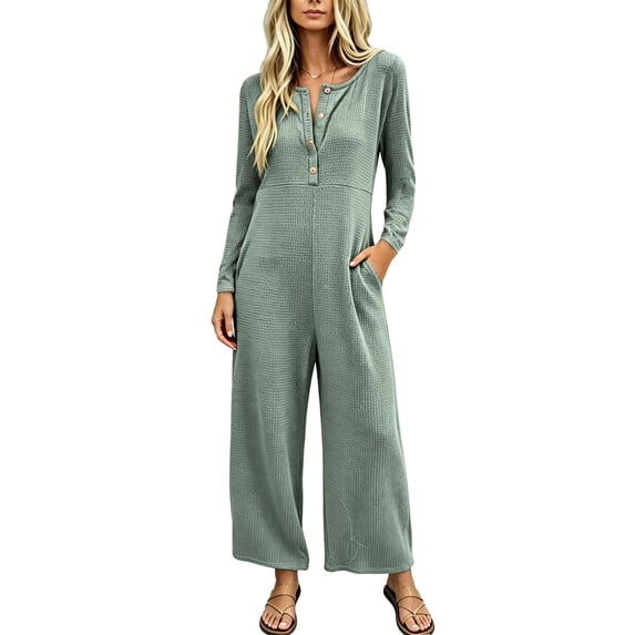 Womens Jumpsuits Knit Button Long Sleeve Jumpsuit Waffle Casual Round Neck Wide Leg Romper With Pockets Fall Winter Daily Wear