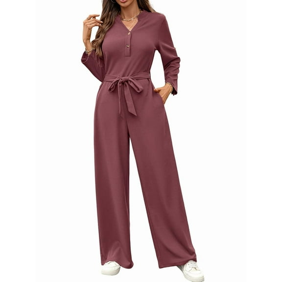 Womens Jumpsuits Long Sleeve V Neck Dressy Casual Wide Leg Pants Romper 2025 Autumn Outfits Brick Red L
