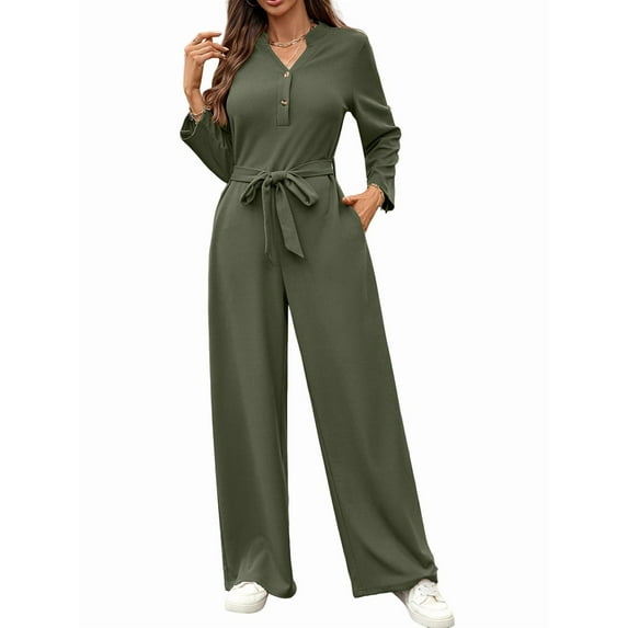 Womens Jumpsuits Long Sleeve V Neck Dressy Casual Wide Leg Pants Romper 2025 Autumn Outfits Green L