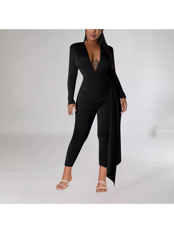 Womens Jumpsuits Long Sleeve V Neck Dressy Casual Wide Leg Pants Romper 2026 Summer One Piece Outfits XL