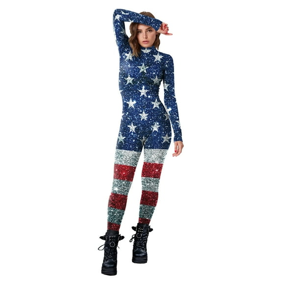 Womens Jumpsuits Long Sleeved Independence Day Holiday 3D Printing National Flag Splicing Sexy Bodysuit Rompers for Women