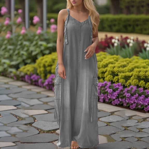 Womens Jumpsuits Overalls Button V Neck Sleeveless Wide Leg Long Pant Solid Color Rompers With Pockets Sexy Jumpsuits for Women Womens Christmas Jumpsuit Women Clothes Jumpsuits 70s Jumpsuit for Women