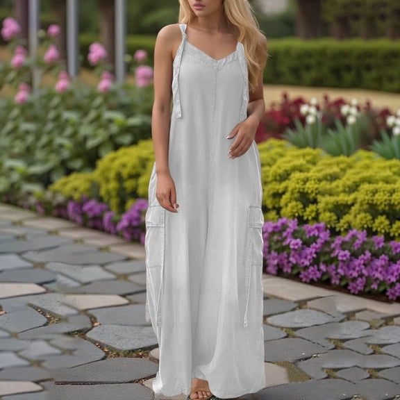 Womens Jumpsuits Overalls Button V Neck Sleeveless Wide Leg Long Pant Solid Color Rompers With Pockets Sexy Jumpsuits for Women Womens Christmas Jumpsuit Women Clothes Jumpsuits 70s Jumpsuit for Women