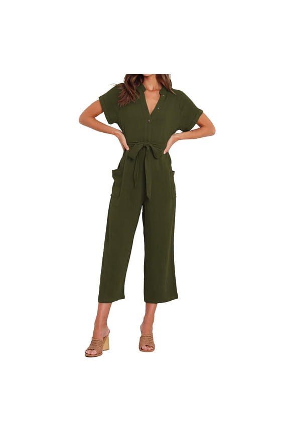Womens Jumpsuits Short Sleeve V Neck Dressy Casual Wide Leg Pants Romper 2026 Summer One Piece Outfits S