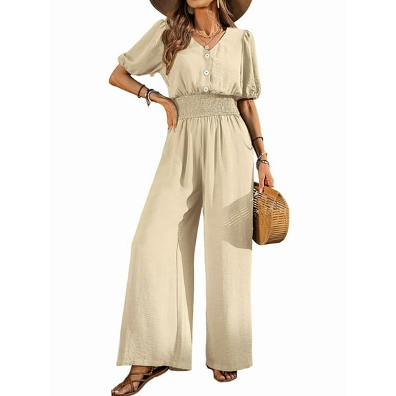 Womens Jumpsuits Short Sleeve V Neck Dressy Casual Wide Leg Pants Romper Beige S