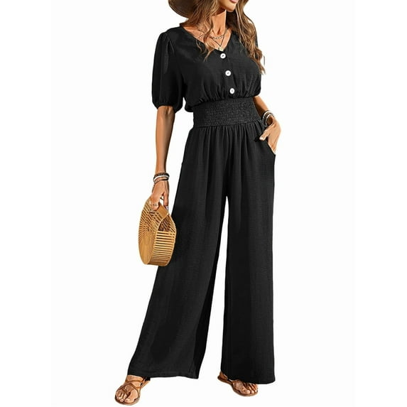 Womens Jumpsuits Short Sleeve V Neck Dressy Casual Wide Leg Pants Romper Black L