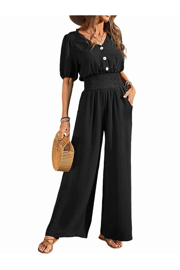 Womens Jumpsuits Short Sleeve V Neck Dressy Casual Wide Leg Pants Romper Black M