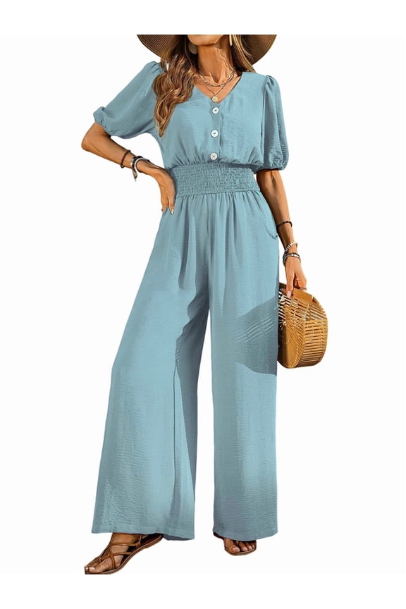 Womens Jumpsuits Short Sleeve V Neck Dressy Casual Wide Leg Pants Romper Light Blue S