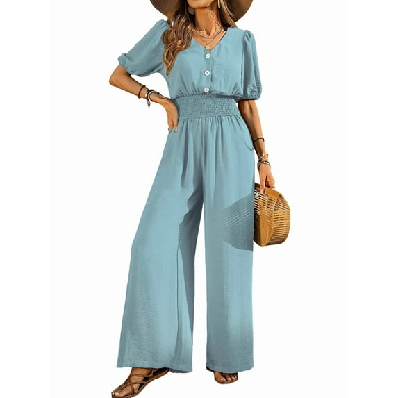 Womens Jumpsuits Short Sleeve V Neck Dressy Casual Wide Leg Pants Romper Light Blue S