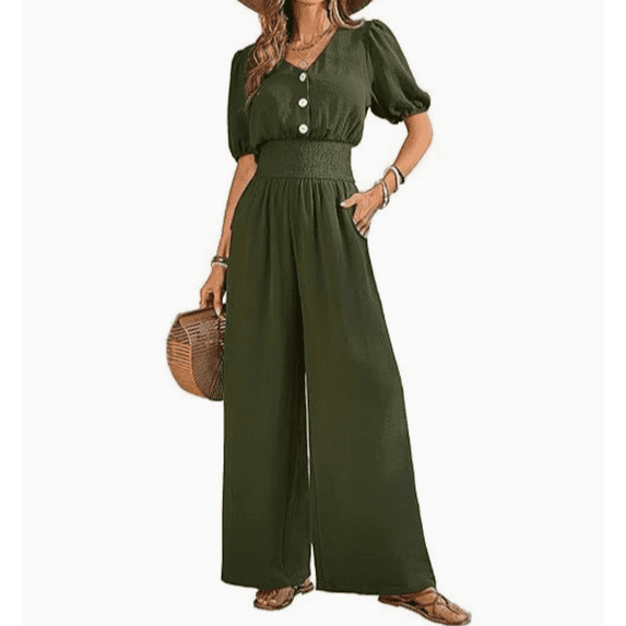 Womens Jumpsuits Short Sleeve V Neck Dressy Casual Wide Leg Pants Romper Summer One Piece Outfits