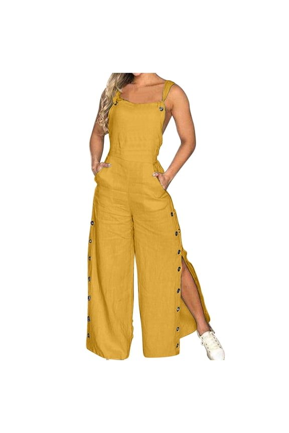Womens Jumpsuits Sleeveless Side Buttons Split Wide Leg Rompers Cotton Blend Knotted Strap Casual Loose Playsuit (X-Large, Yellow)