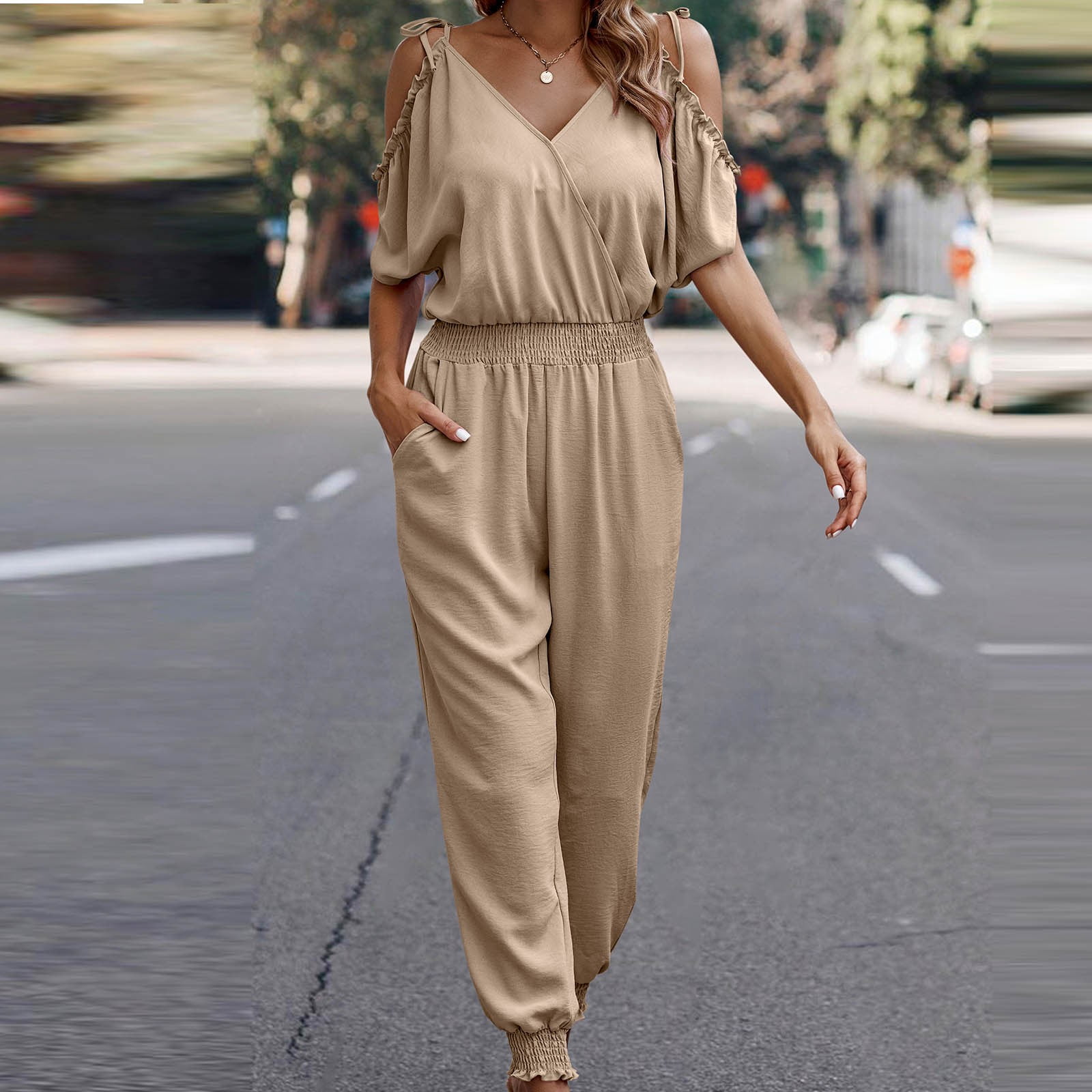 Womens Jumpsuits Snoarin Plus Size Woman Spring Summerl Solid Color Pocket  Slimming Bare Shoulder V-neck Short Sleeve Jumpsuit Long Pants Romper on