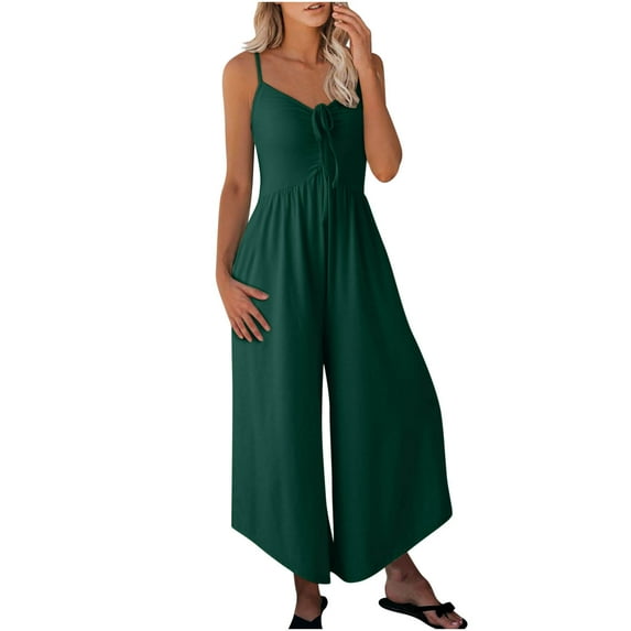 Womens Jumpsuits Spaghetti Straps Ruched Drawstring Knit Wide Leg Romper Casual Jumpsuits with Pockets 2025 Army Green,XXL