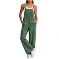 thumbnail image 1 of Womens Jumpsuits Summer Button Strap Wide Leg Overalls Solid Color Cotton Linen Sleeveless Romper with Pockets Beach Vacation Outfit, 1 of 7