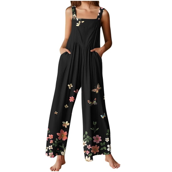 Womens Jumpsuits Summer Floral Square Neck Sleeveless Button Baggy Overalls with Pockets Casual Rompers
